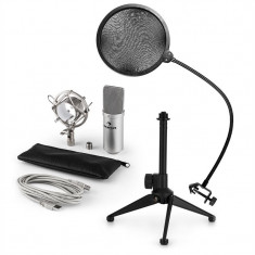AUNA MIC-900S V2, set de microfon usb, microfon condensator argintiu + filtru pop + suport de masa foto