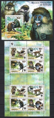 ANGOLA 2011 - FAUNA PROTEJATA WWF - SERIE IN BLOC DE 8 TIMBRE+BLOC NESTAMPILAT - MNH / fauna248 foto