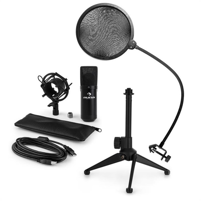 AUNA MIC-900B V2, set de microfon usb, microfon condensator negru + filtru pop + suport de masă foto mare AUNA MIC-900B V2, set de microfon usb, microfon condensator negru + filtru pop + suport de masă foto mare