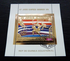 GUINEA ECUATORIALA 1975 - JOCURI OLIMPICE, INNSBRUCK 76 - BLOC STAMPILAT - IN RELIEF CU FOLIE DE AUR / folieaur18 foto
