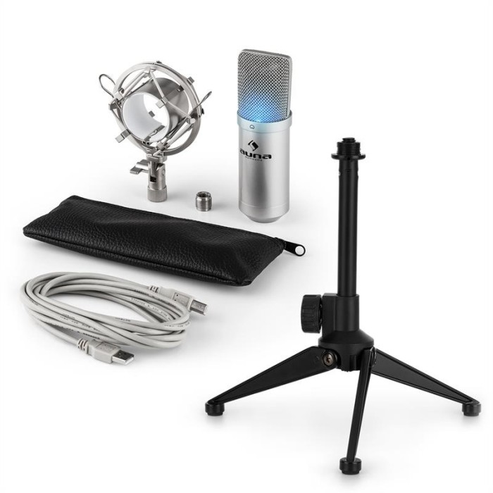 AUNA MIC-900S-LED V1, set de microfon usb, microfon condensator argintiu + suport de masă foto mare AUNA MIC-900S-LED V1, set de microfon usb, microfon condensator argintiu + suport de masă foto mare