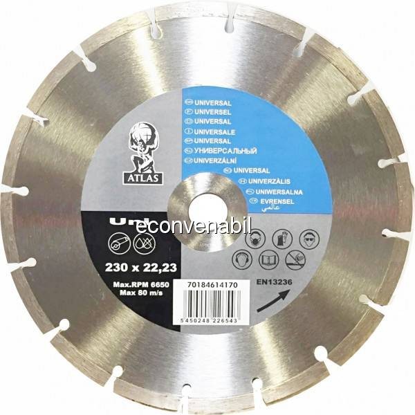 Disc debitat materiale constructie diamantat Atlas Universal 230x22.23mm foto mare Disc debitat materiale constructie diamantat Atlas Universal 230x22.23mm foto mare