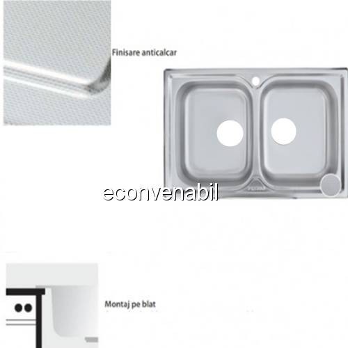 Chiuveta inox 2 cuve blat 80x50cm anticalcar FREDDO ERTSN9007 foto mare Chiuveta inox 2 cuve blat 80x50cm anticalcar FREDDO ERTSN9007 foto mare