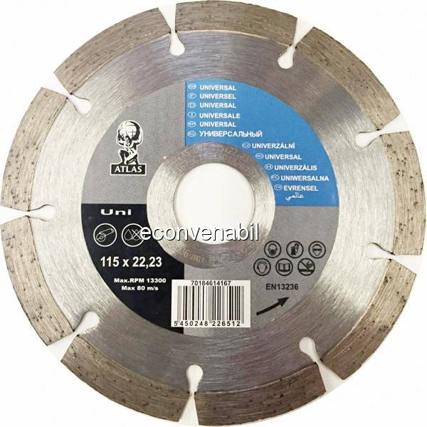 Disc debitat materiale constructie diamantat Atlas Universal 115x22.23mm foto mare Disc debitat materiale constructie diamantat Atlas Universal 115x22.23mm foto mare