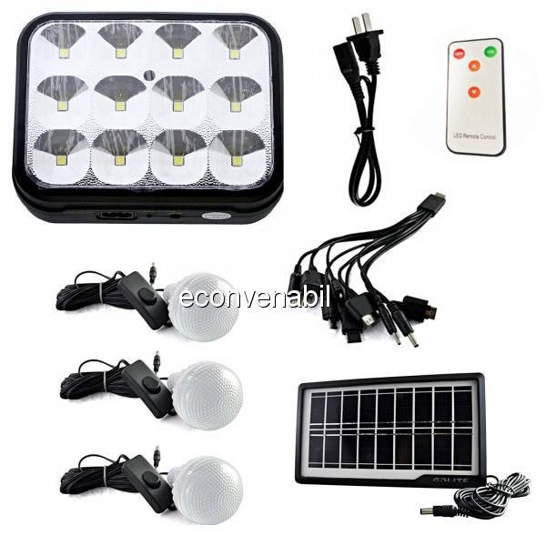 Kit Solar Lampa 12LED SMD, Telecomanda, USB, 3 Becuri, 6V2.4Ah GD8054 foto mare Kit Solar Lampa 12LED SMD, Telecomanda, USB, 3 Becuri, 6V2.4Ah GD8054 foto mare