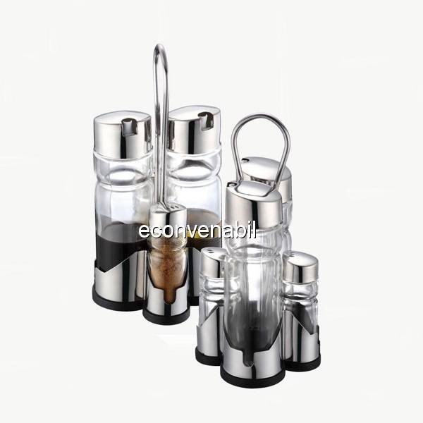Suport cu Solnite si Oliviere Sticla si Inox Spice Rack Set foto mare Suport cu Solnite si Oliviere Sticla si Inox Spice Rack Set foto mare
