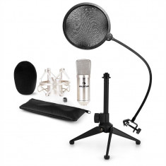 AUNA CM001S, set de microfon V2, microfon condensator, suport de microfon, filtru pop, culoare argintie foto