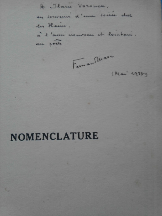F. Marc, Nomenclature, cu dedicatie pt. Ilarie Voronca