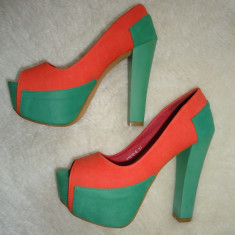 PANTOFI DAMA PLATFORMA ASCUNSA TOC GROS ORANGE VERDE PLATFORME