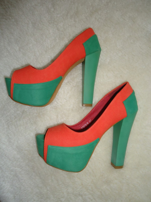 PANTOFI DAMA PLATFORMA ASCUNSA TOC GROS ORANGE VERDE PLATFORME