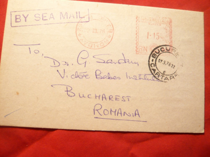 Carte Postala India cu francatura mecanica rosie , stampila By sea mail- f.rara