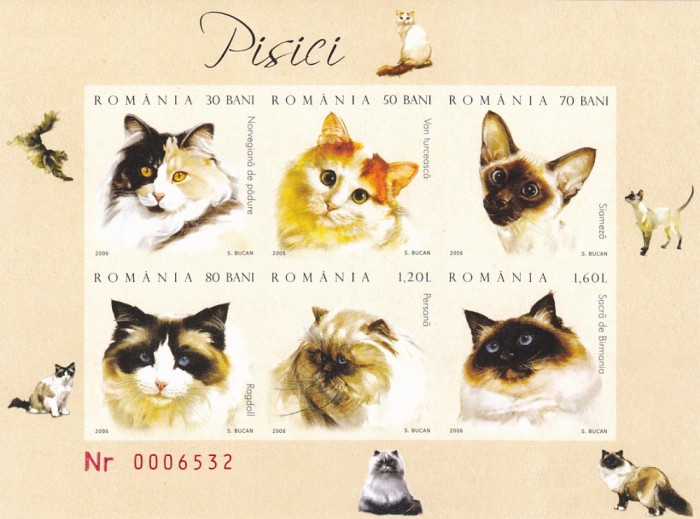 PISICI BLOC NEDANTELAT,NUMEROTAT,2006 MNH,ROMANIA.
