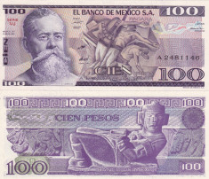 MEXIC 100 pesos 25 martie 1982 - seria VJ UNC!!! foto