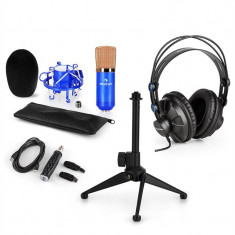 AUNA CM001BG V1, set de microfon, microfon condensator cu adaptor USB, ca?ti, suport de microfon, culoare albastra foto