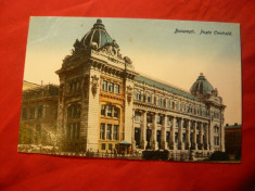 Ilustrata Bucuresti - Posta Centrala - interbelica ,color foto