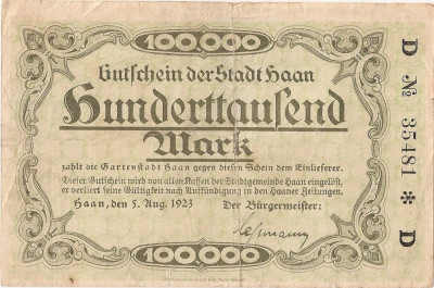 GERMANIA STADT HAAN 100000 MARK 1923 U foto