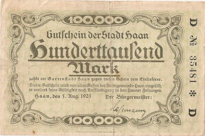 GERMANIA STADT HAAN 100000 MARK 1923 U