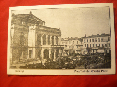 Ilustrata - Bucuresti - Teatrul National si Piata- interbelic ,Ed.Horovitz foto