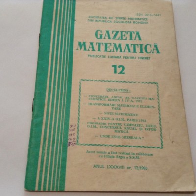 GAZETA MATEMATICA NR 12/1983 foto