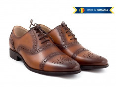 Pantofi barbati casual-eleganti din piele naturala maro cu siret 359 Coniac foto