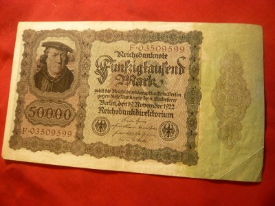 Bancnota 50 000 Marci 1922 , Germania,burelaj violet,litera F deplasata foto