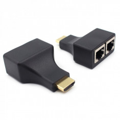 Doua adaptoare HDMI tata la RJ45 1080P HD pentru extensie cablu retea LAN, negru foto