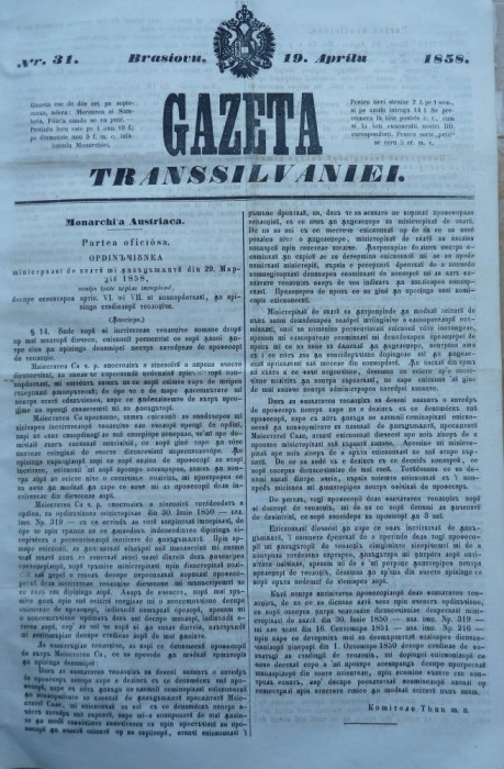 Gazeta Transilvaniei , Brasov , nr. 31 , 1858