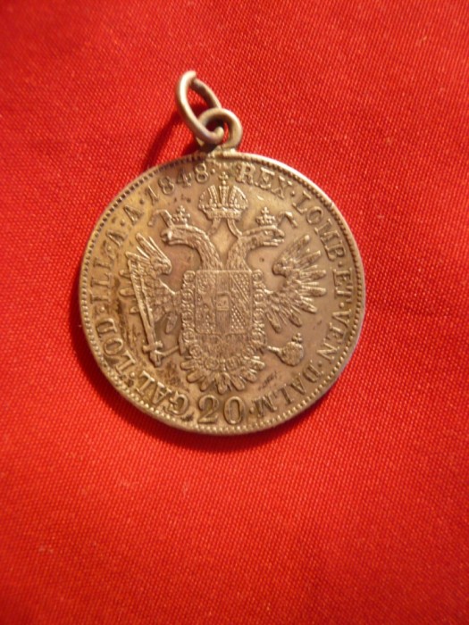 Moneda 20 kr. 1848 Ferdinand Austria ,argint, agatatoare- medalion , cal.f.buna foto mare Moneda 20 kr. 1848 Ferdinand Austria ,argint, agatatoare- medalion , cal.f.buna foto mare