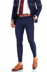 Pantaloni bleumari carouri - pantaloni barbati casual office slimfit 8977 foto