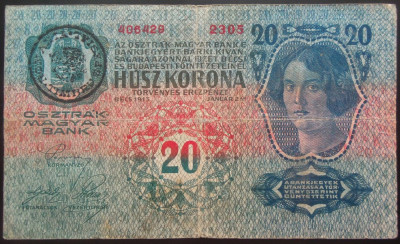 Bancnota 20 Coroane - AustroUngaria, Supratipar Romania, anul 1913 *cod 113 foto
