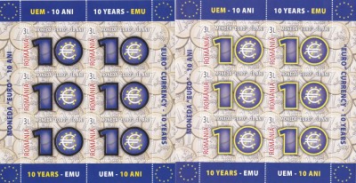 Romania 2009 , Lp 1825 , 10 Ani Moneda Euro MINISHEET + MINISHEET FOLIO AUR,MNH. foto