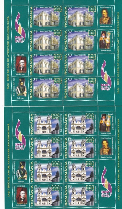 IASI-600 ANI ATESTARE DOC. MINICOLI 8 TIMBRE+6 VG,2008,MNH, ROMANIA.