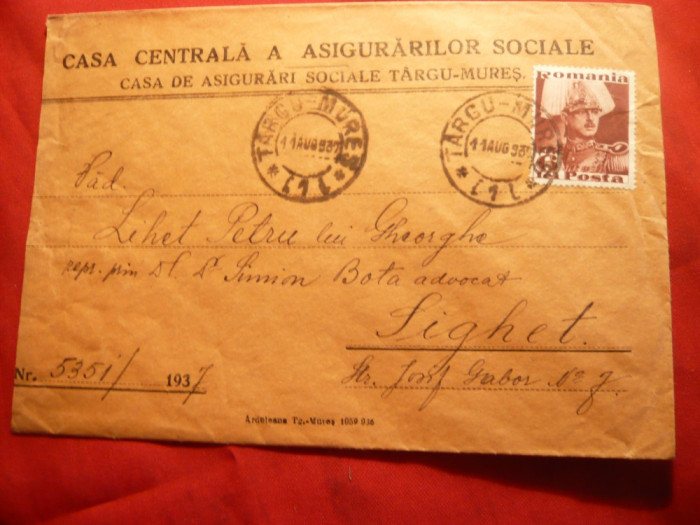 Plic Antet Casa Centrala a Asigurarilor Sociale Tg.Mures , circ. la Sighet 1937