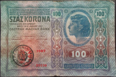 Bancnota 100 Coroane- AustroUngaria Supratipar Romania anul 1912 *cod 153 foto