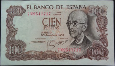 Bancnota 100 PESETAS - SPANIA, anul 1970 * cod 191 = A.UNC foto