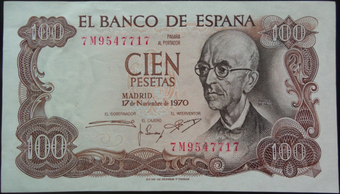 Bancnota 100 PESETAS - SPANIA, anul 1970 * cod 191 = A.UNC