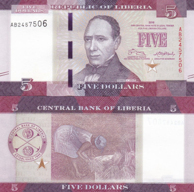 Liberia 5 Dollars 2016 UNC foto