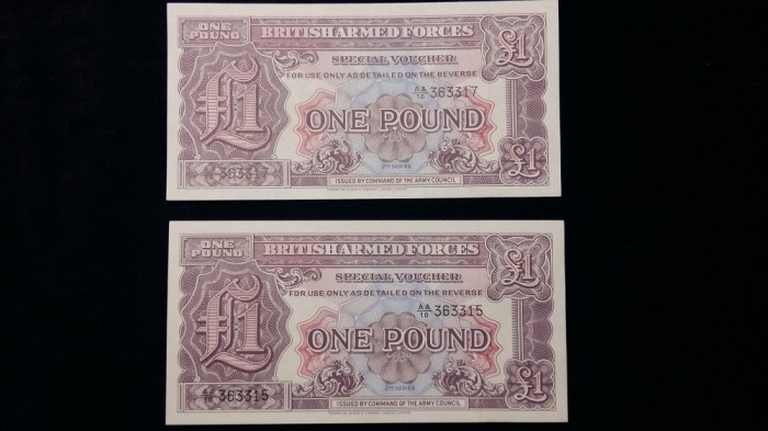 BANCNOTA MILITARA BRITANICA - ONE POUND - STARE FOATE BUNA - 2 BUCATI