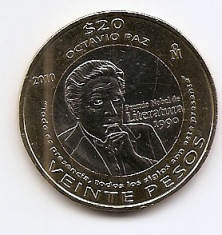 Mexic 20 Pesos 2010 - (Octavio Paz) 32 mm, KM-943 UNC !!! foto