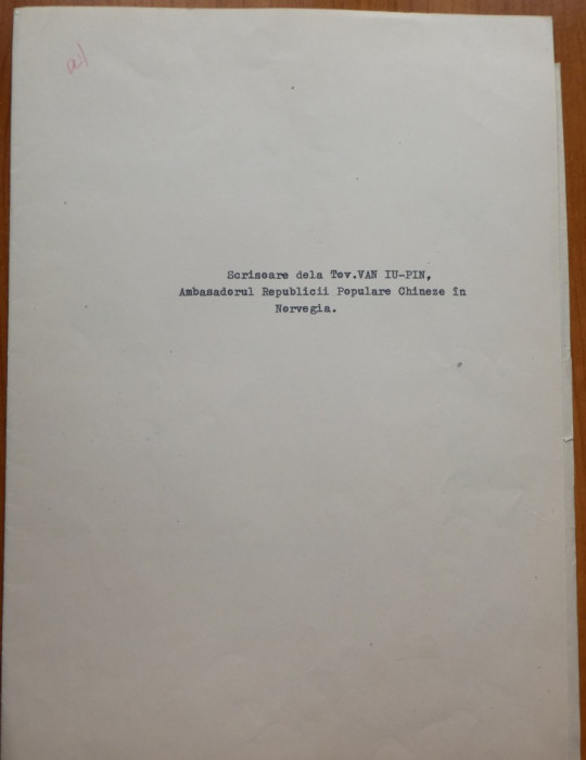 Scrisoarea ambasadorului Chinei in Norvegia catre Petru Groza, 1957