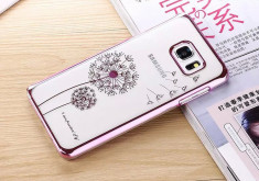 Husa Plastic Cu Pietricele, Flower Rhinestone, Cristale Swarovski, Samsung Galaxy S6, Roz foto