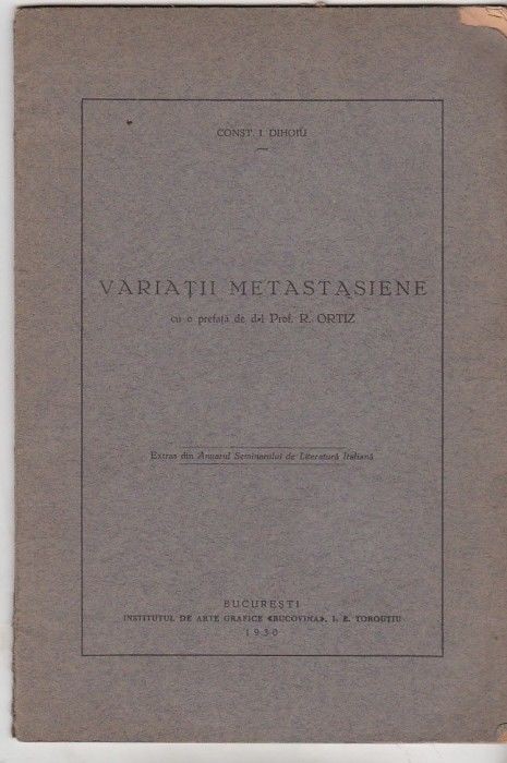 Constantin I Dihoiu - Variatii metastasiene - 1930 - cu dedicatie de la autor