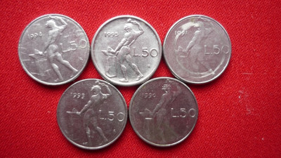 50 LIRE 1990, 1991, 1993, 1994, 1995. ITALIA LOT 5 BUC. foto