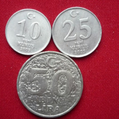 50 LIRA 1998, 10 KURUS 2005, 25 KURUS 2005. LOT 3 BUC. TURCIA