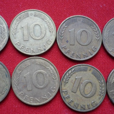 10 PFENNIG 1949 F, 1950 D, 1982 D, 1988 D, 1989 F,D, 1990 G,D. LOT 8 BUC.