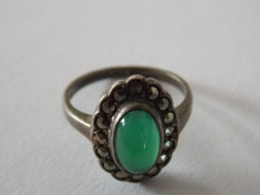 Inel argint cu agat verde si marcasite vintage -2434 foto