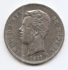 Spania 5 Pesetas 1871 - Amadeo I, Argint 25 g/900, 37 mm KM-666 (4) foto