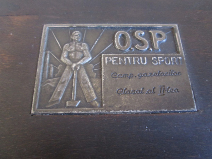 Rara! Placheta O.S.P.(1946-1949) pentru sport,locul II Campionatul Gazetarilor