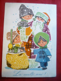 Ilustrata- Felicitare de Anul Nou- Copii si Mos Gerila 1969