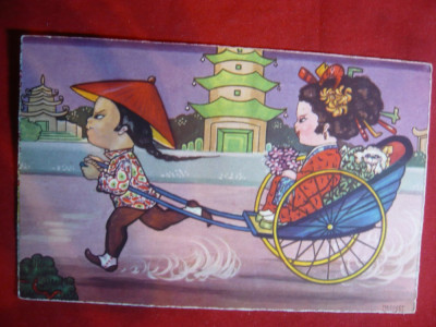 Ilustrata comica- tematica China -Baietel cu ricsa si Pagoda ,circulat 1931 foto